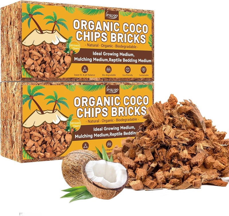 Legigo 2 Pack Coco Coir Chips for Plants- 2.2 LB 100% Organic Coconut Chips Brick Potting Mix with Low EC & PH Balance, Coconut Husk Substrate Coco Husk Mulch for Garden, Planting, Orchid and Soil Mix - Image 1